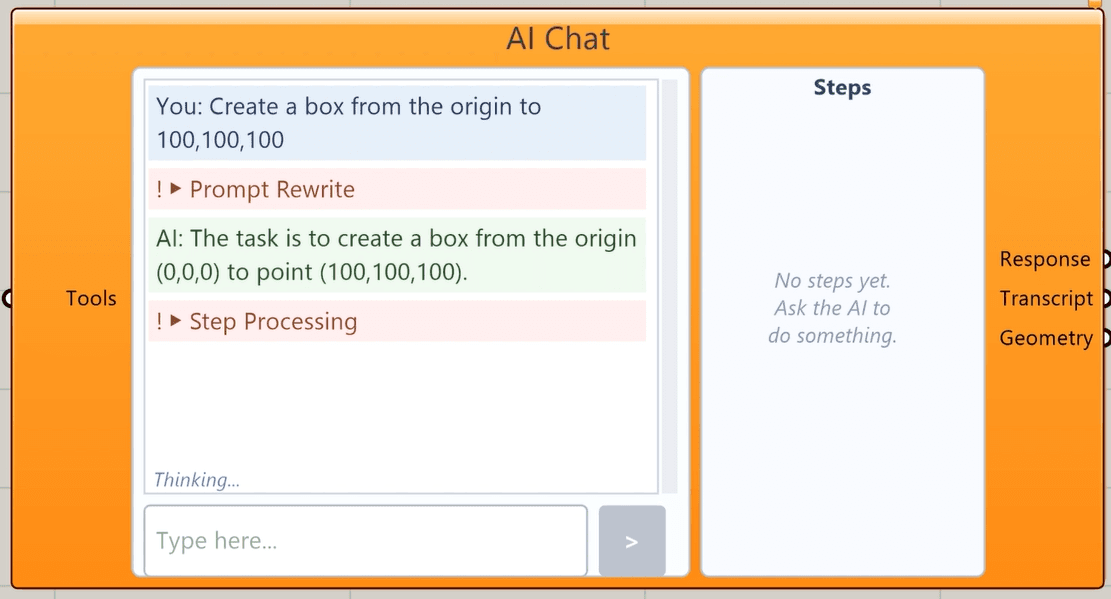 The AI Chat component running inside Grasshopper, breaking a natural-language prompt into pipeline stages