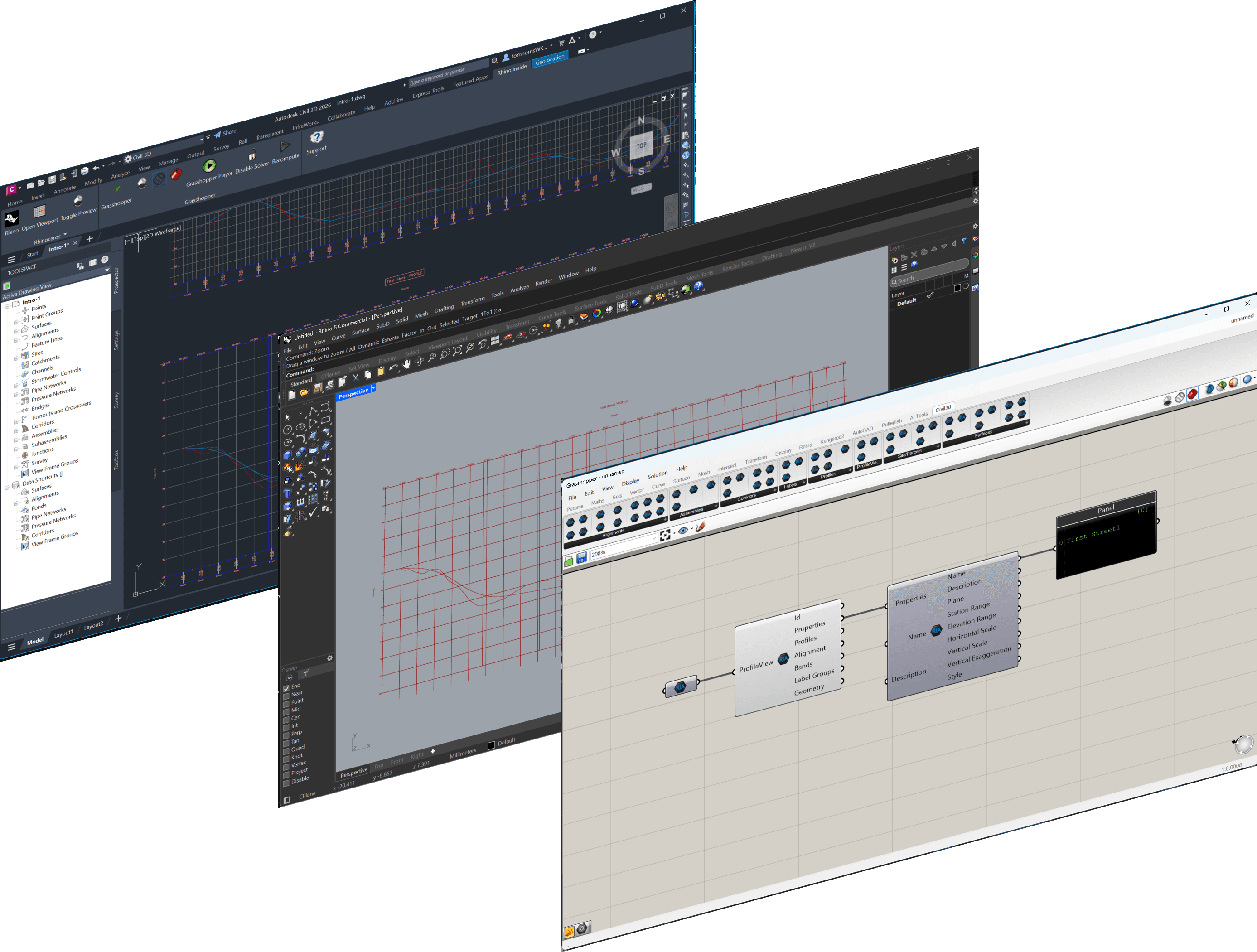 Rhino.Inside.Civil3D extracting a rail alignment profile view into Grasshopper