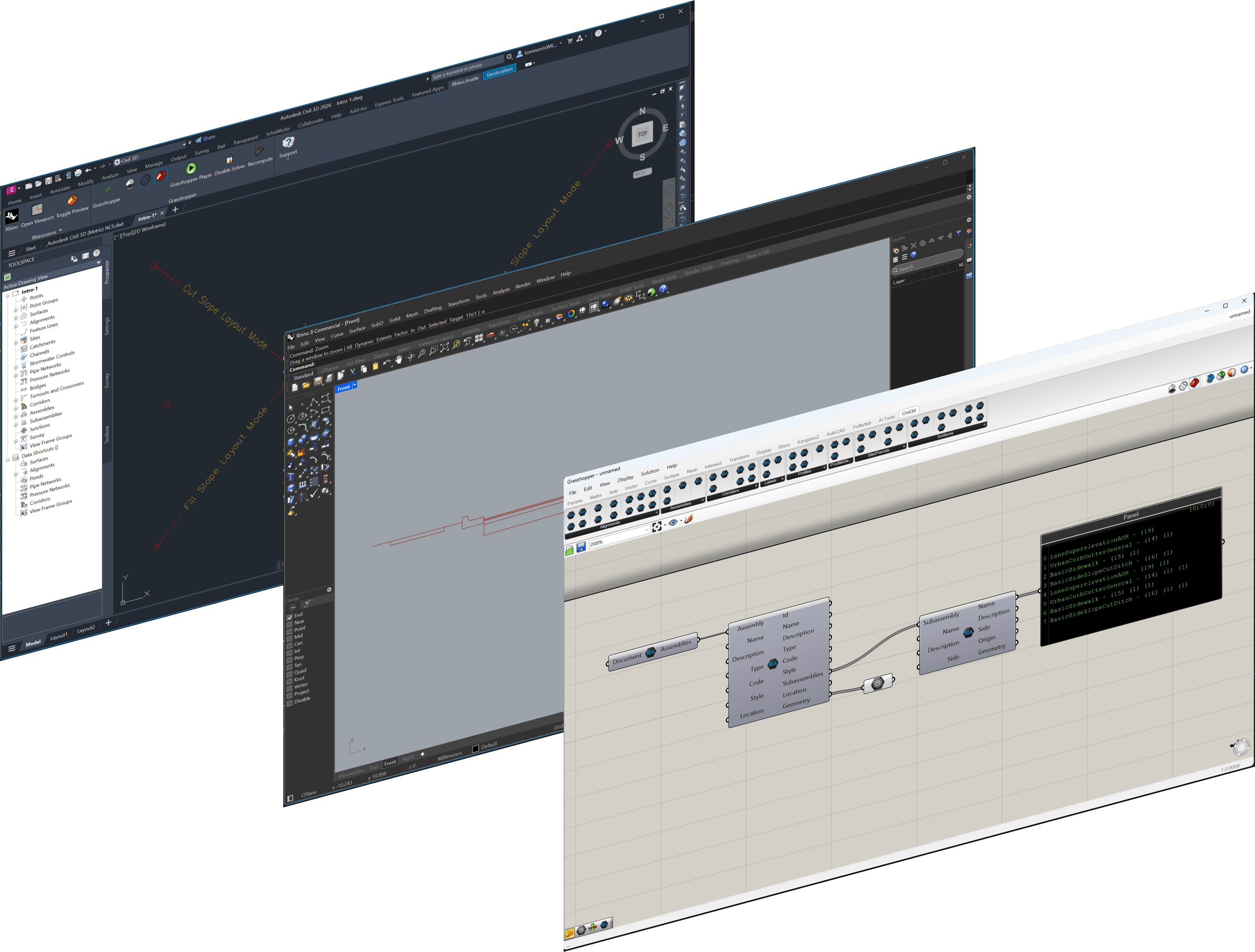 A profile view alongside a subassembly extracted from a Civil 3D corridor