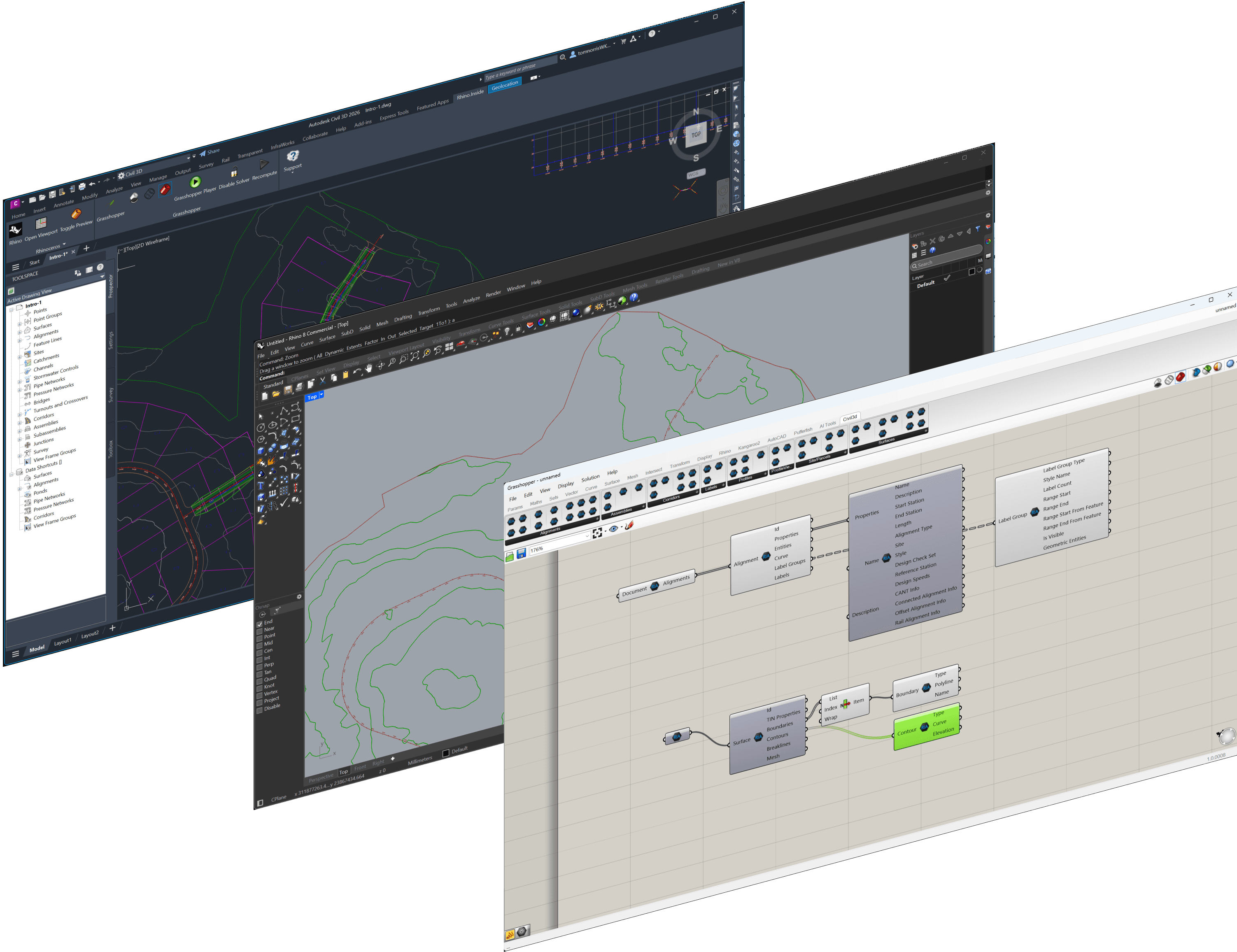 TIN surface created in Civil 3D from a Rhino mesh, with an alignment overlaid