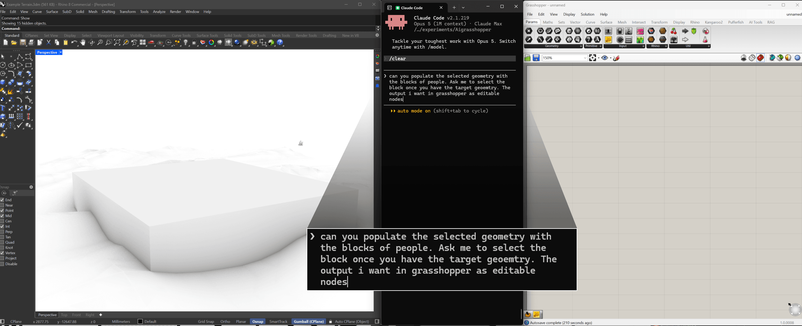 Rhino open beside an AI assistant in a terminal, with a typed instruction asking it to populate the selected geometry with blocks of people and return the output as editable Grasshopper nodes