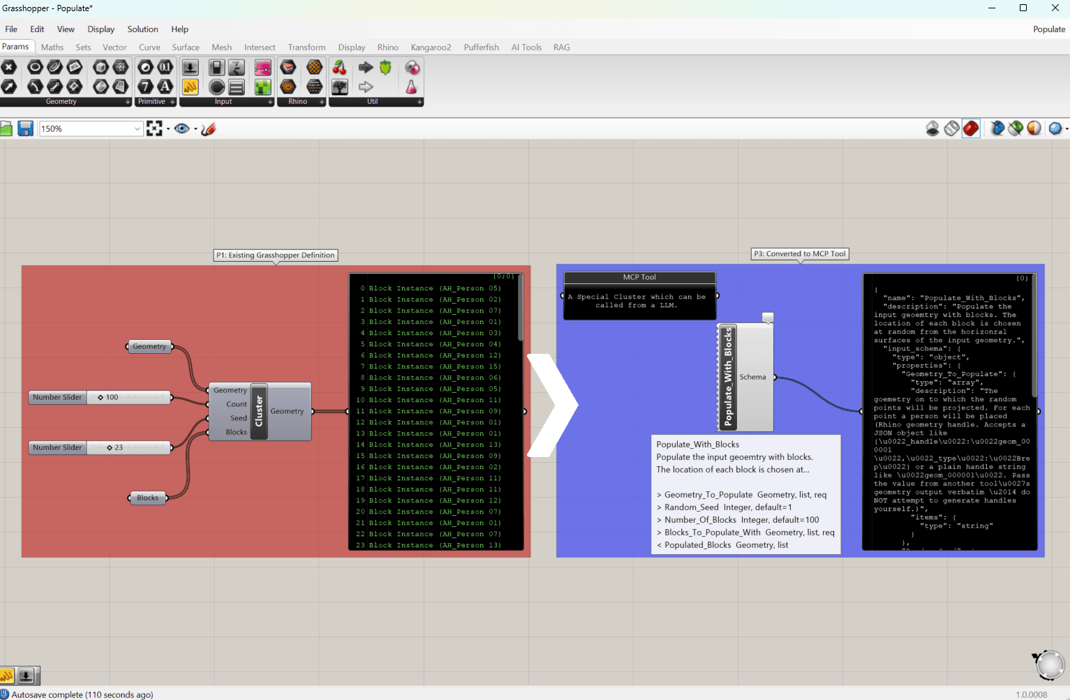 An existing Grasshopper definition on the left, driven by number sliders through a cluster; on the right the same logic published as a callable tool, beside the generated JSON schema listing its typed inputs and outputs