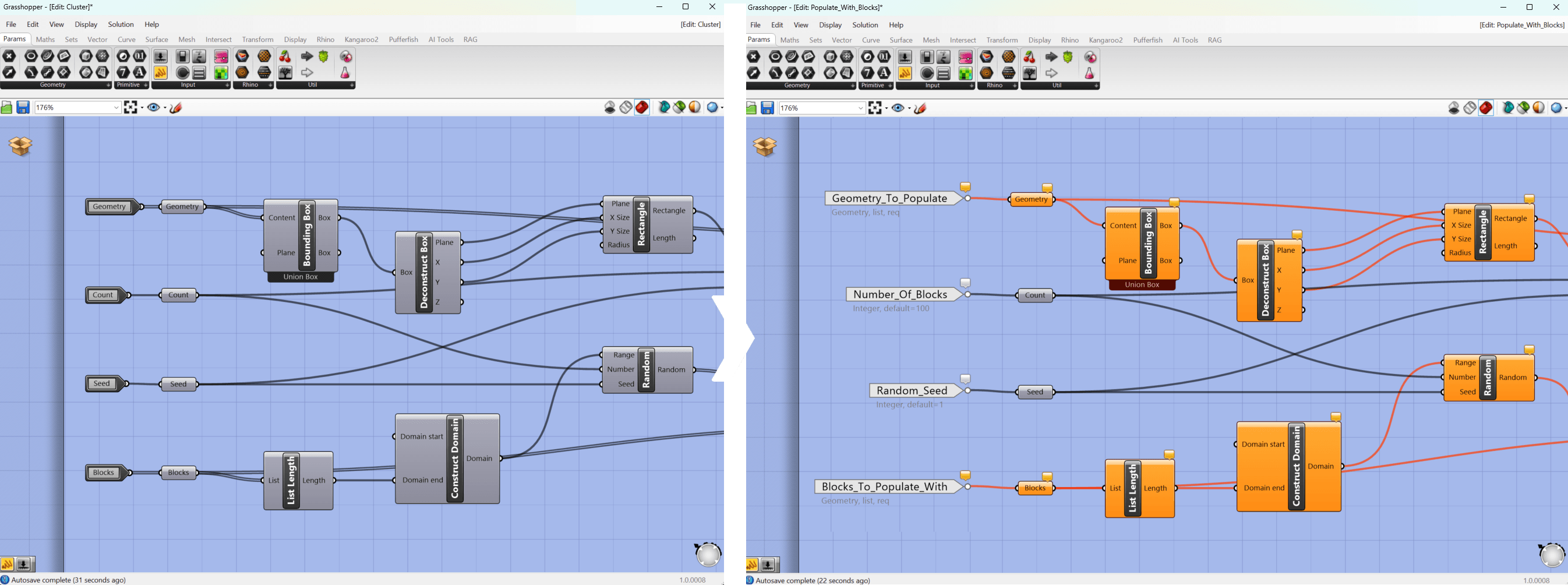 The same cluster shown twice: on the left its inputs carry generic names, on the right each one has been given an explicit name, type and default such as Number_Of_Blocks, Integer, default 100