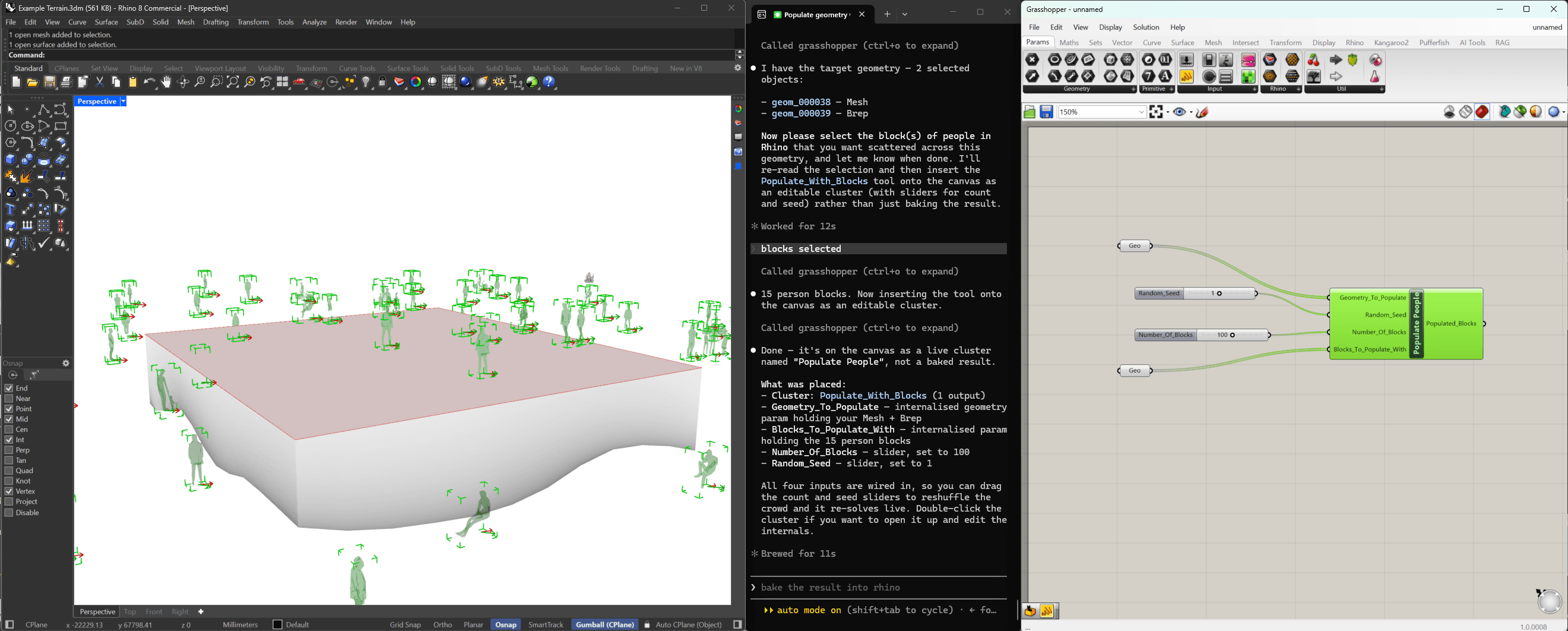 The same Rhino viewport after the run, its terrain surface populated with person blocks, beside the assistant transcript and a Grasshopper canvas holding the resulting cluster wired to live sliders