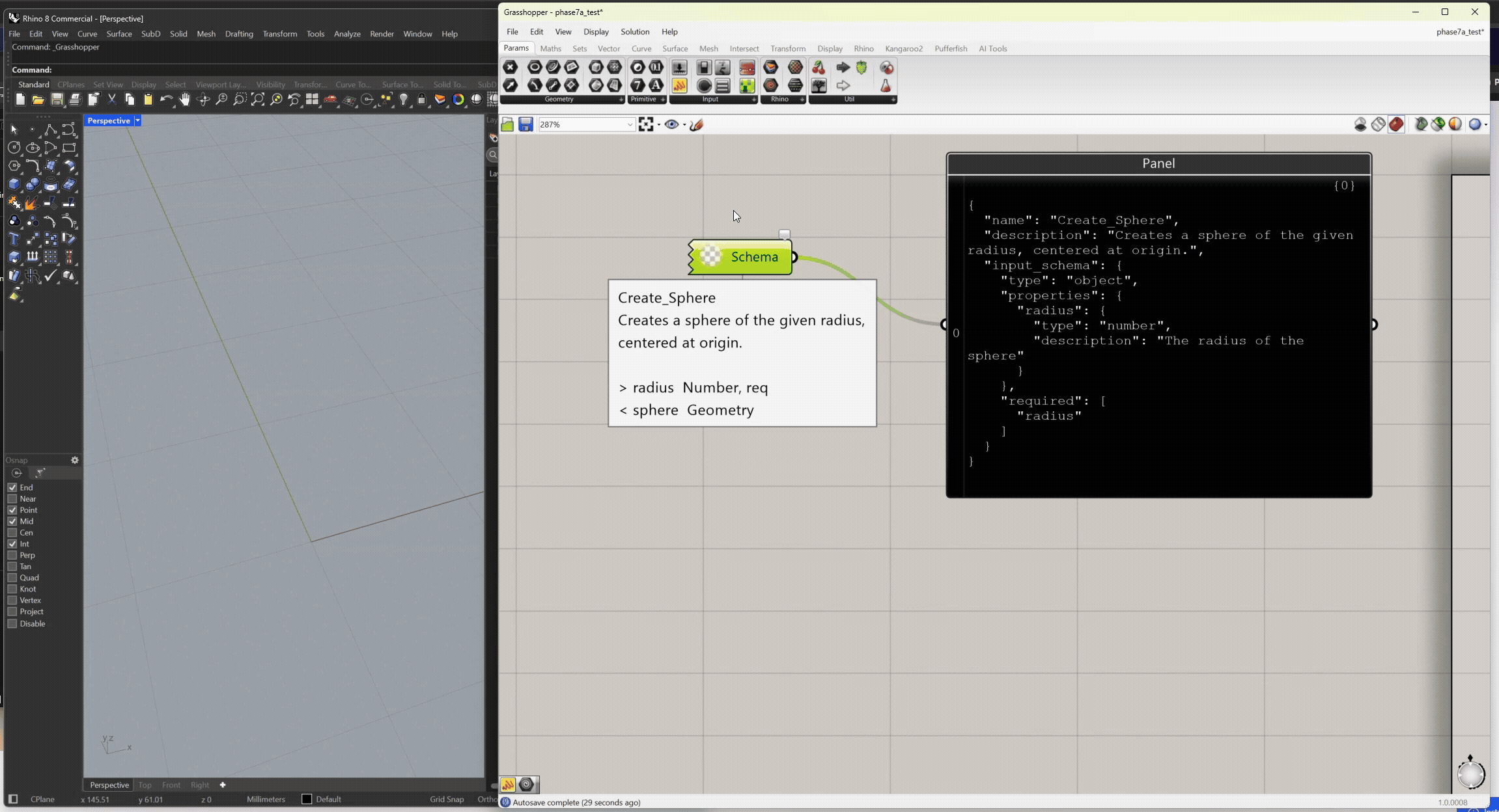 A Create Circle cluster wrapped in a JSON schema boundary, wired into an execution node whose JSON input sets the radius to 10, solving to produce the circle