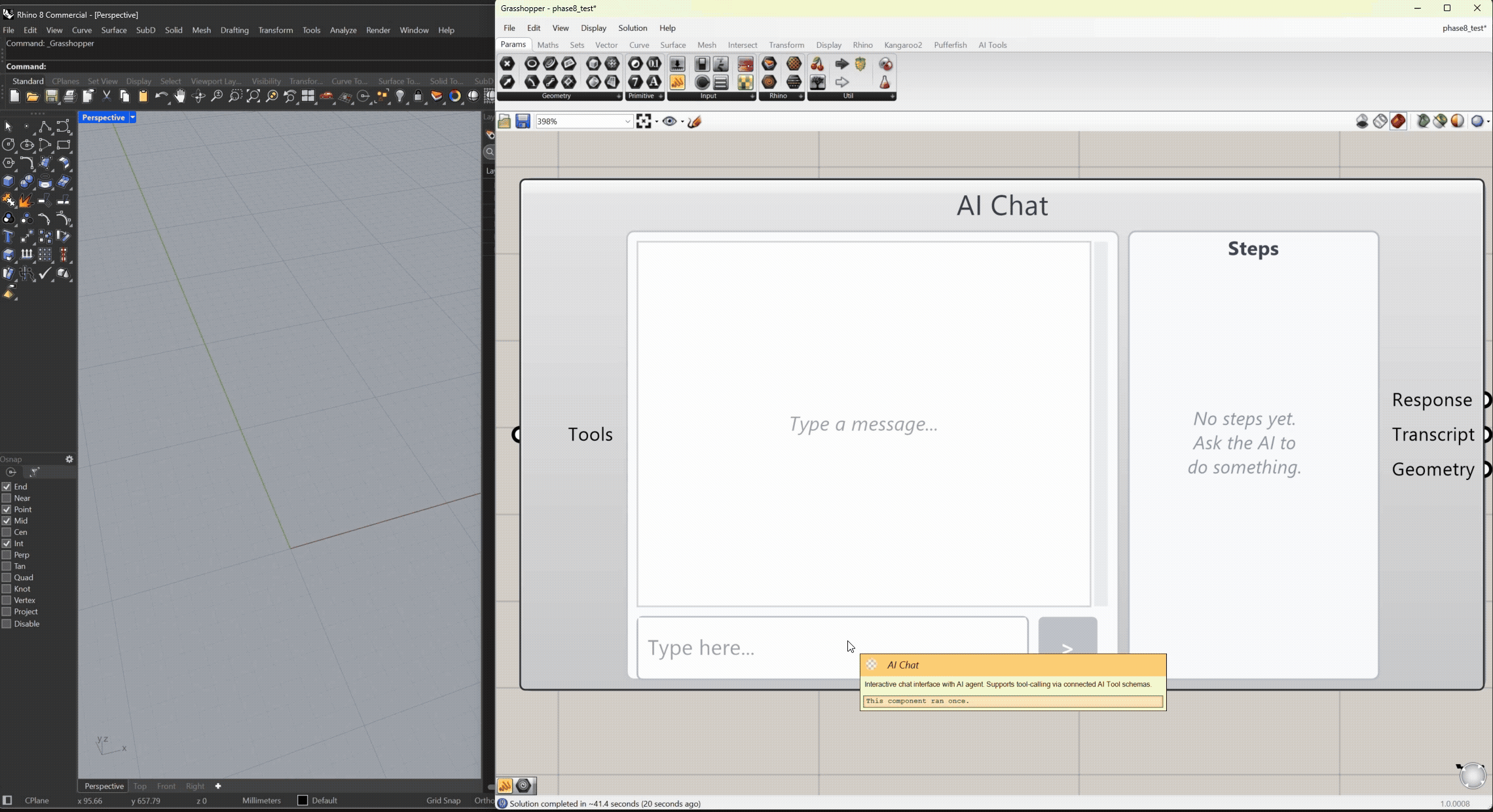 An AI-orchestrated Grasshopper workflow building a box from a natural-language prompt, stage by stage