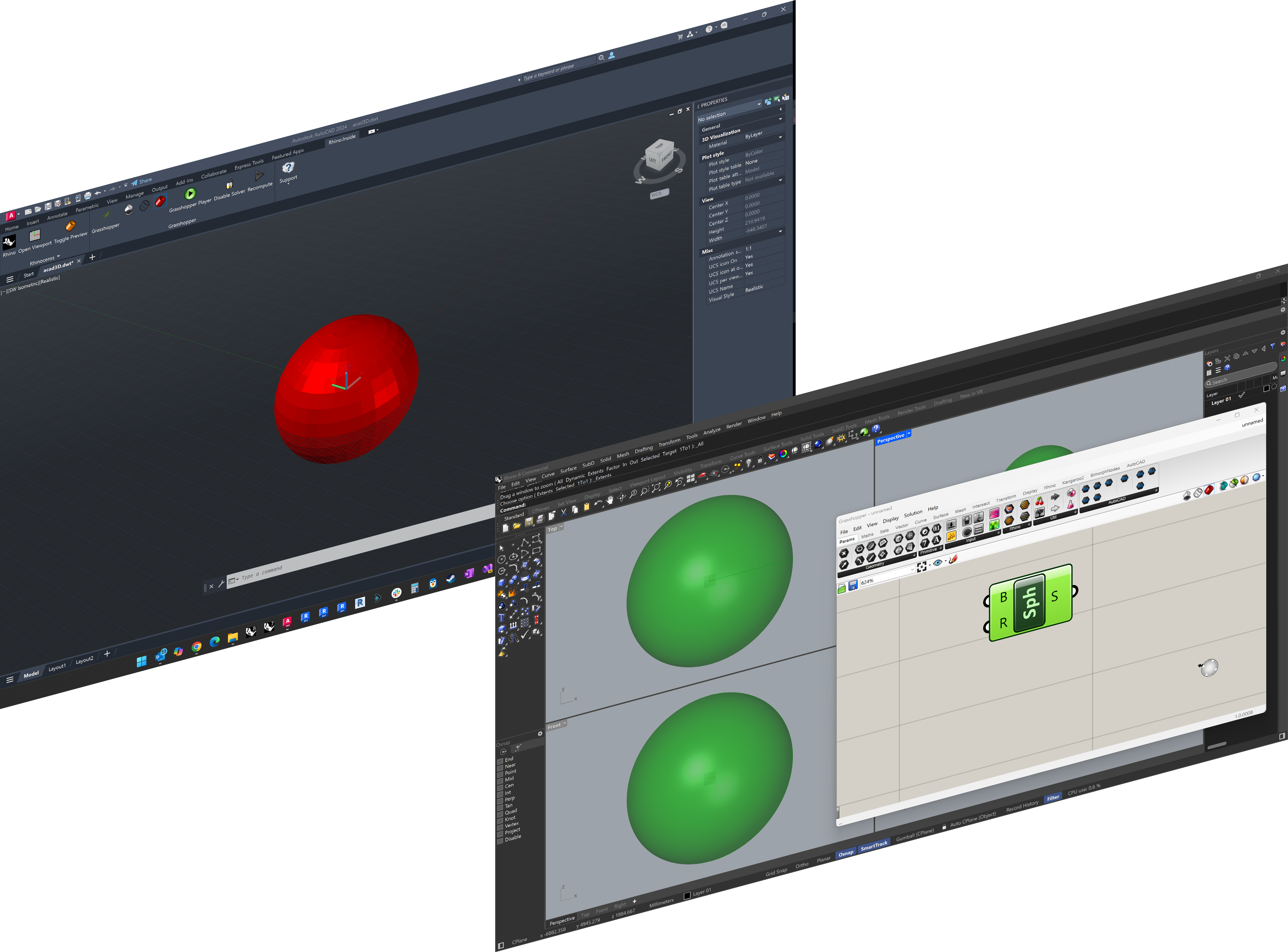 Rhino and AutoCAD integration showing both applications running together