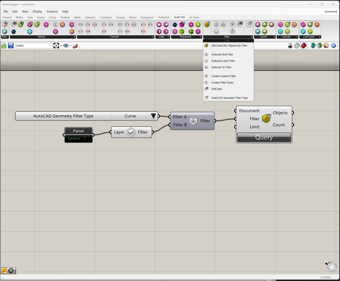 A geometry-type filter and an And/Or composite filter feeding Get AutoCAD Objects By Filter
