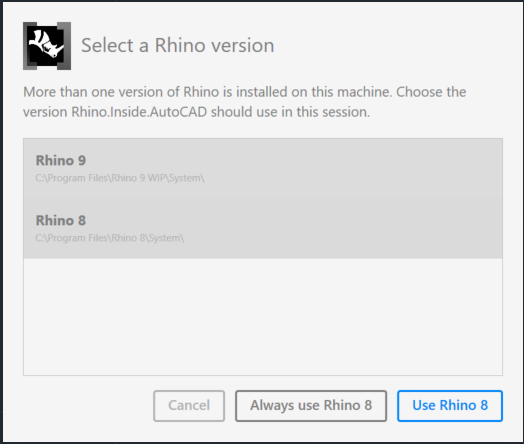 The Select a Rhino version dialog listing Rhino 9 and Rhino 8
