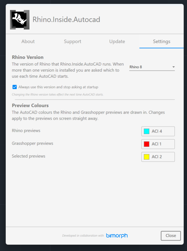 The Settings tab of the Rhino.Inside.AutoCAD support dialog, showing Rhino Version and Preview Colours