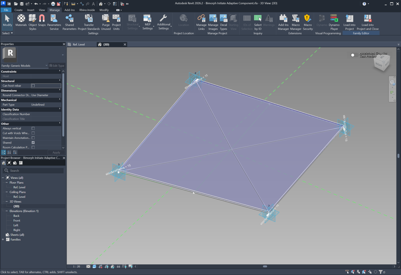 The adaptive component in Revit, defined by four numbered adaptive points