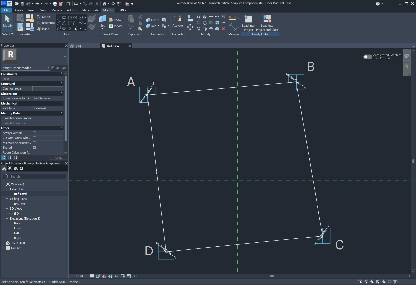 The four adaptive points in plan, labelled A to D