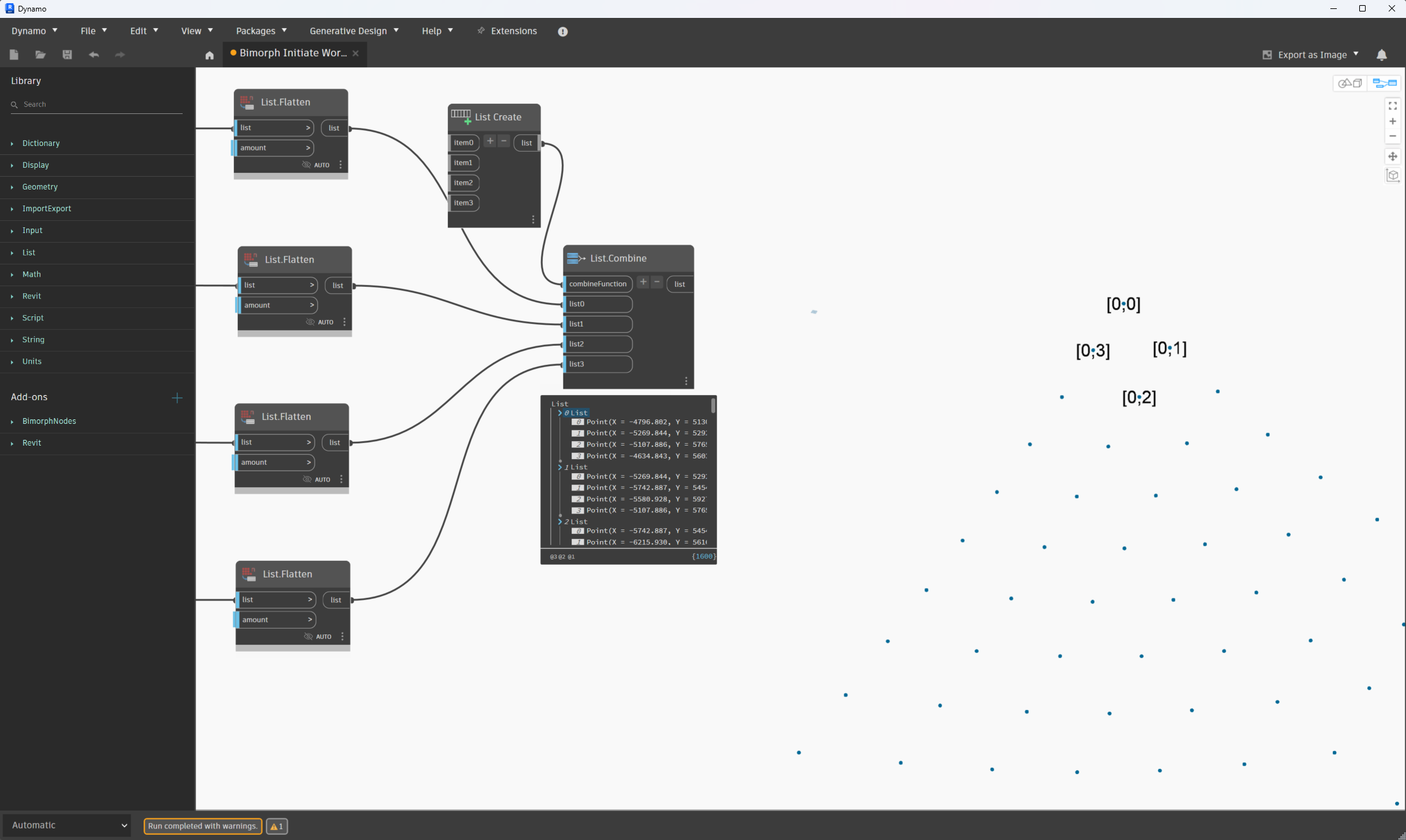 The resulting data structure previewed — sub-lists of four points, with the points shown in the viewport